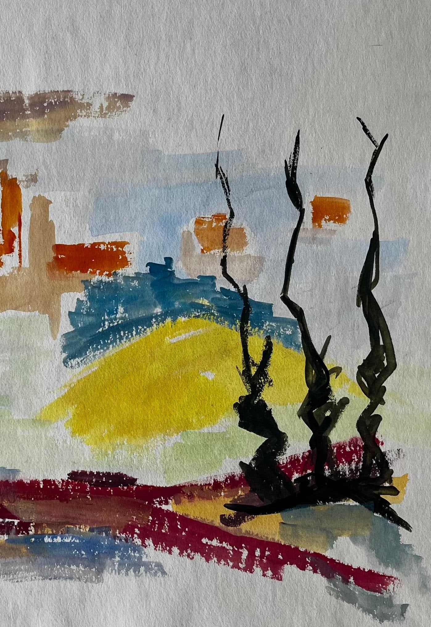 Guy Nicod; Abstract Landscape with Red Form and Cypress French Modernist Gouache - 2