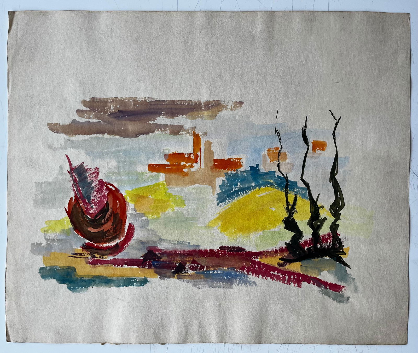 Guy Nicod; Abstract Landscape with Red Form and Cypress French Modernist Gouache - 5