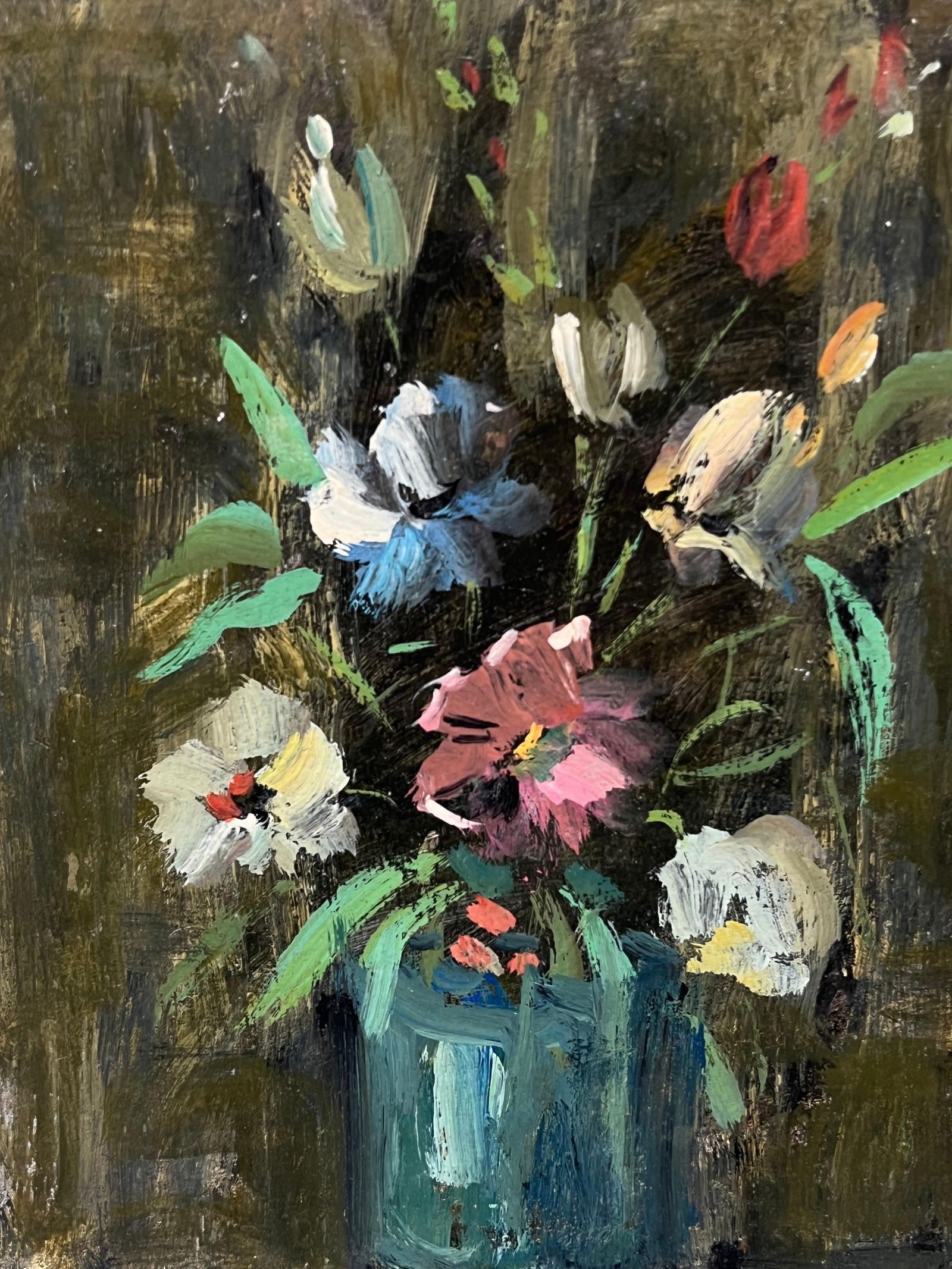 Fanch Lel; French Impressionist Floral Still life of Flower Bouquet in a Blue Glass Vase, 1994 - 13