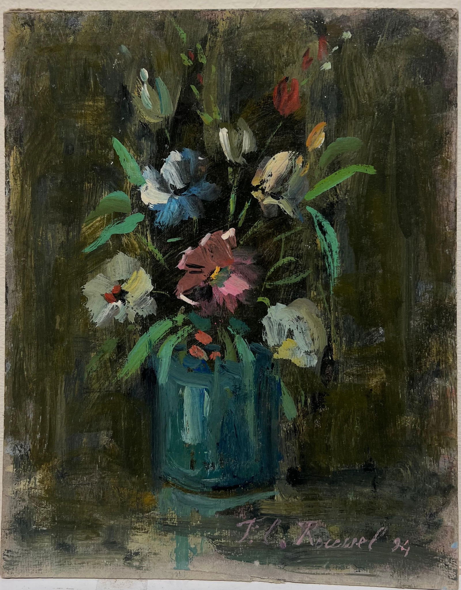 Fanch Lel; French Impressionist Floral Still life of Flower Bouquet in a Blue Glass Vase, 1994 - 16