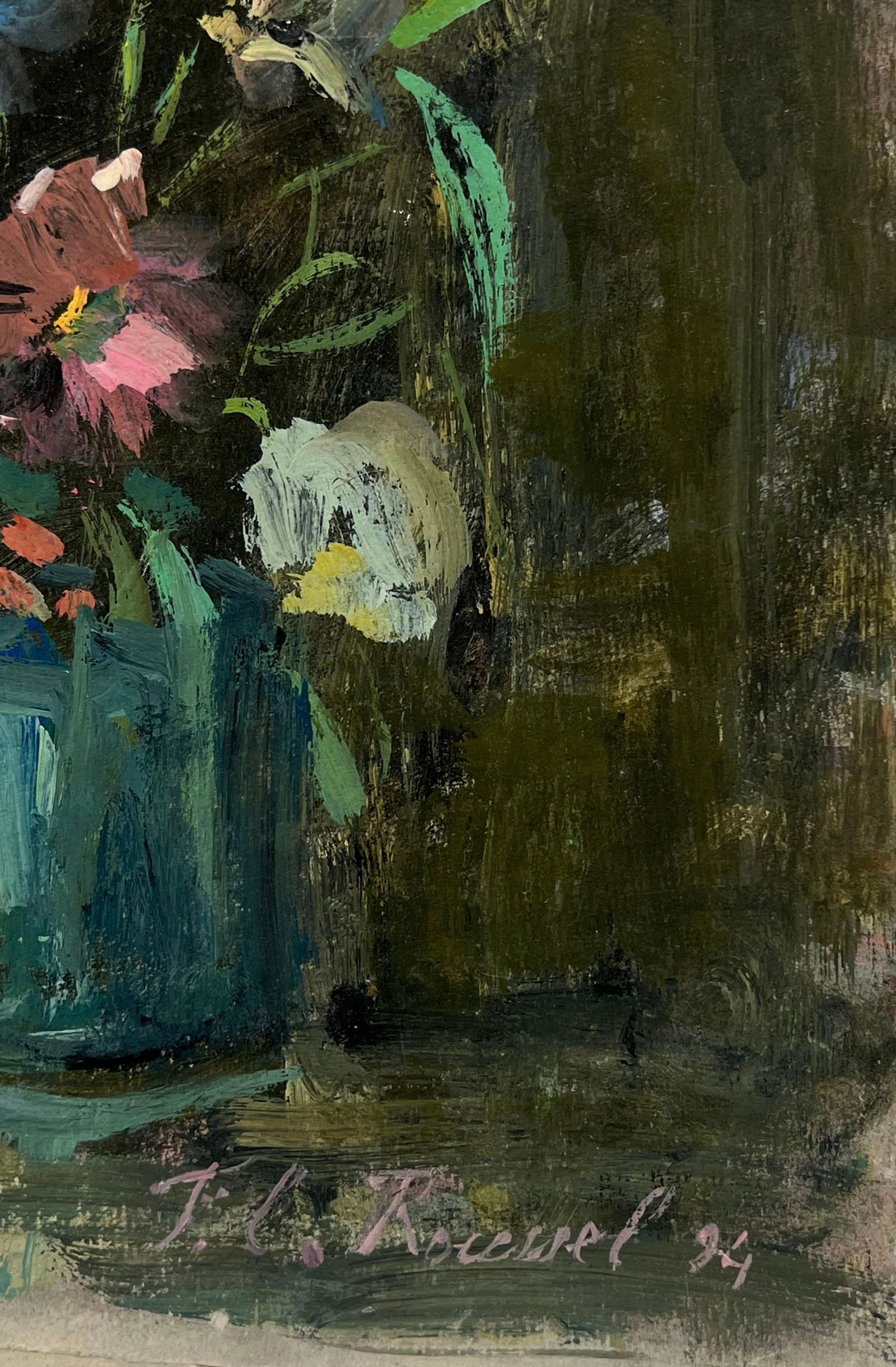 Fanch Lel; French Impressionist Floral Still life of Flower Bouquet in a Blue Glass Vase, 1994 - 17