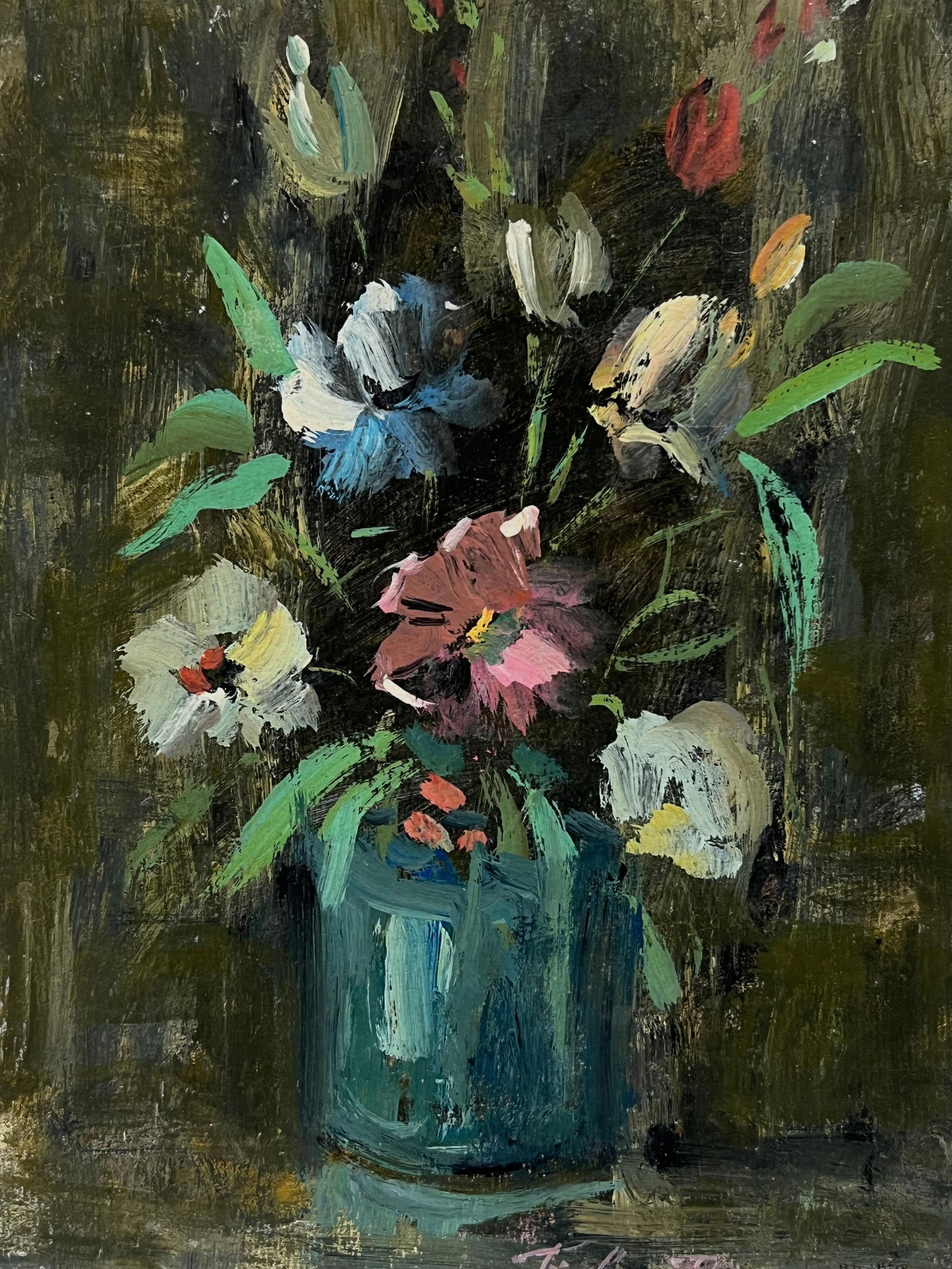 Fanch Lel; French Impressionist Floral Still life of Flower Bouquet in a Blue Glass Vase, 1994 - 18