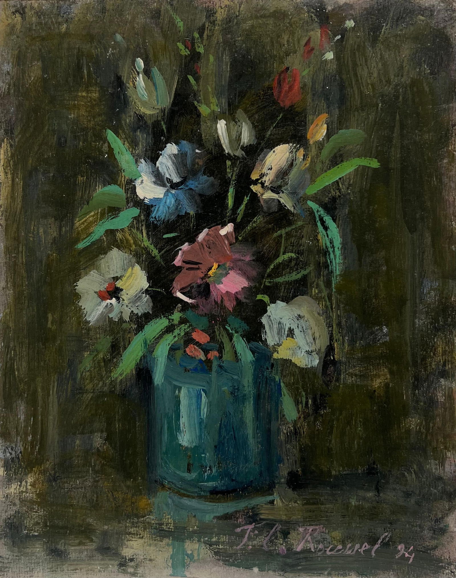 Fanch Lel; French Impressionist Floral Still life of Flower Bouquet in a Blue Glass Vase, 1994 - 3