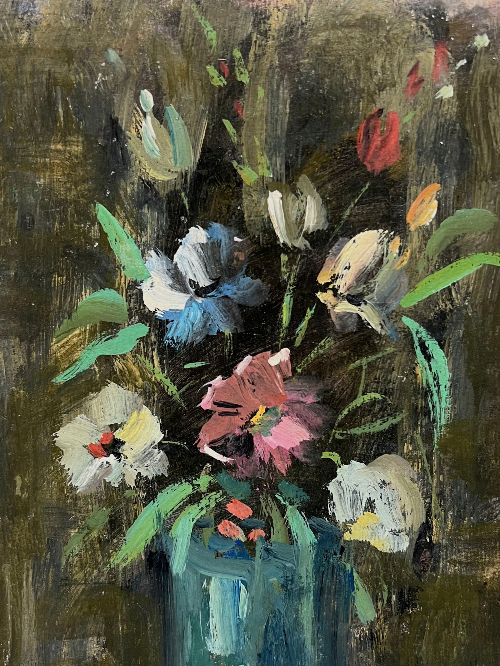 Fanch Lel; French Impressionist Floral Still life of Flower Bouquet in a Blue Glass Vase, 1994 - 4
