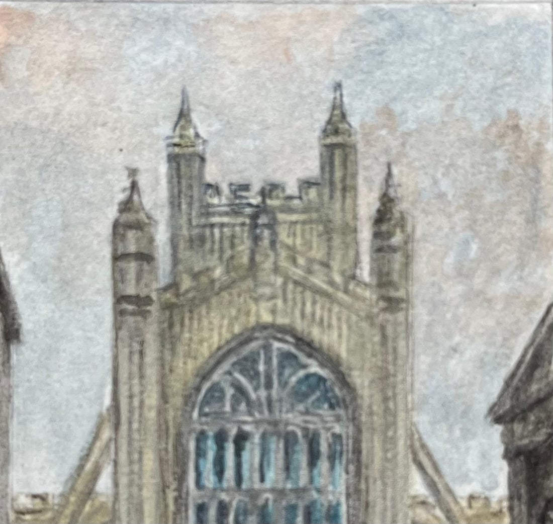 Jack Grunwell; Historic Miniature Watercolor of Bath Abbey View from the West Front - 4
