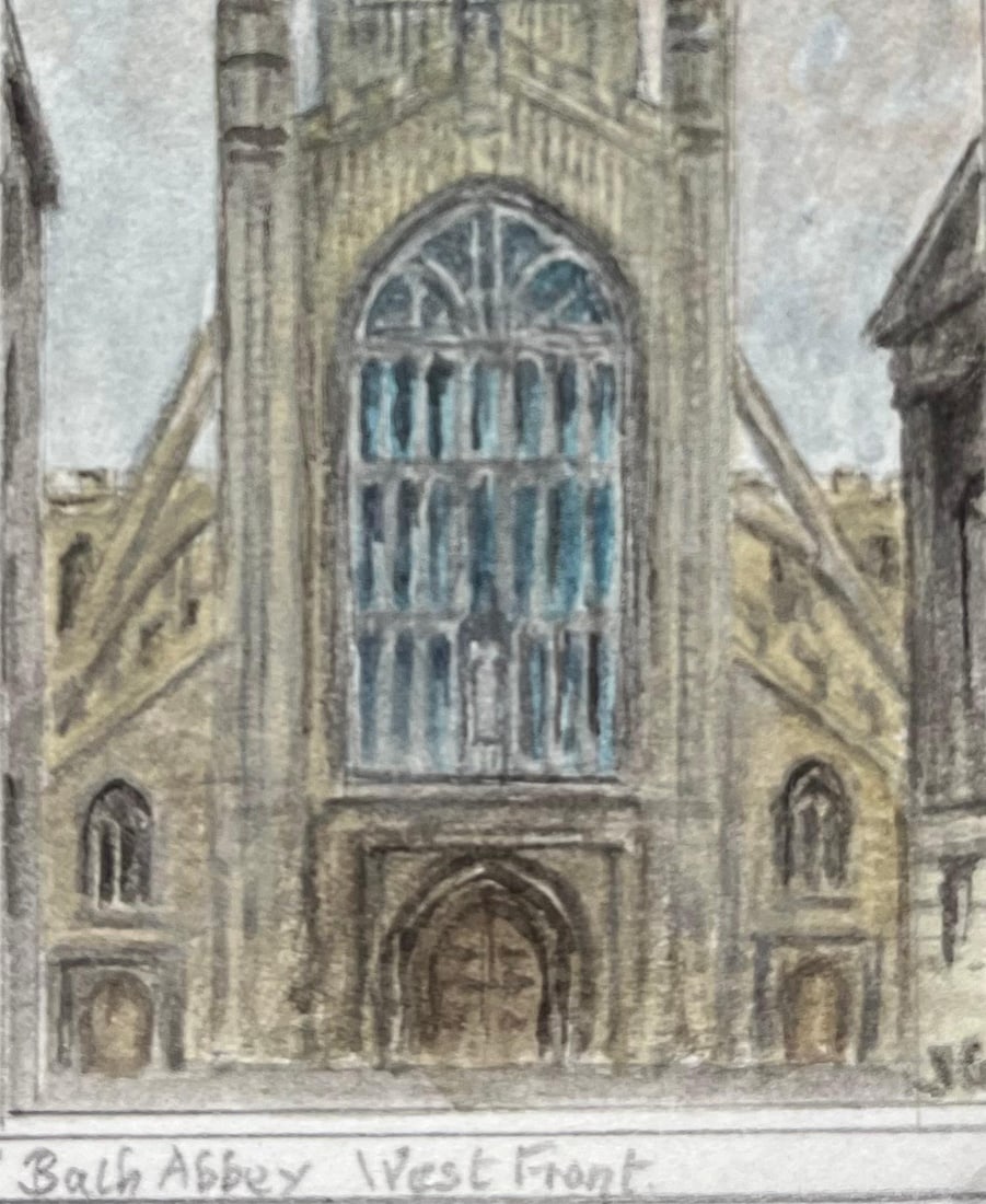Jack Grunwell; Historic Miniature Watercolor of Bath Abbey View from the West Front - 5
