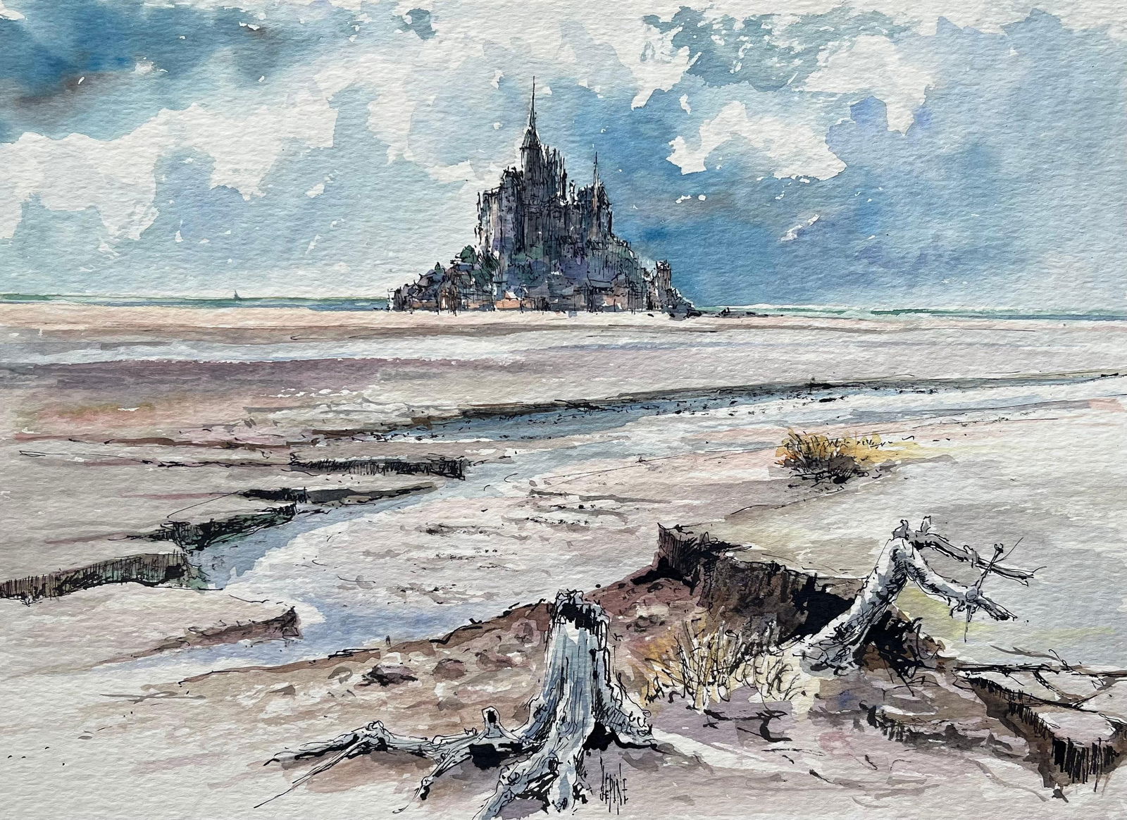 Robert Lepine (1929 - 2017); French Watercolor of a Sunlit Mont Saint-Michel at Low Tide, 20th - 14