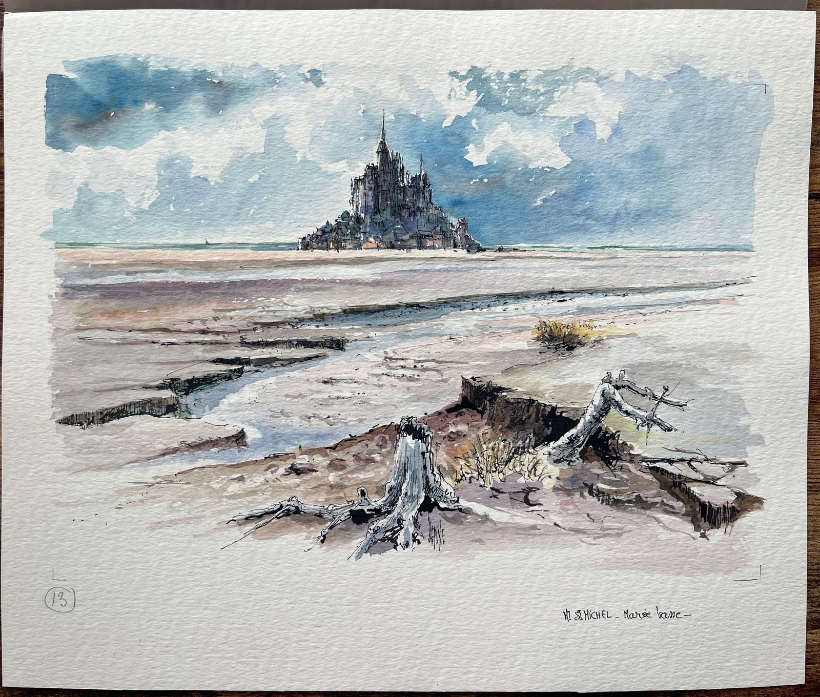 Robert Lepine (1929 - 2017); French Watercolor of a Sunlit Mont Saint-Michel at Low Tide, 20th - 15