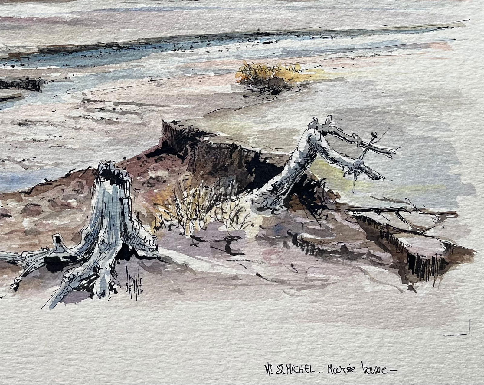 Robert Lepine (1929 - 2017); French Watercolor of a Sunlit Mont Saint-Michel at Low Tide, 20th - 19