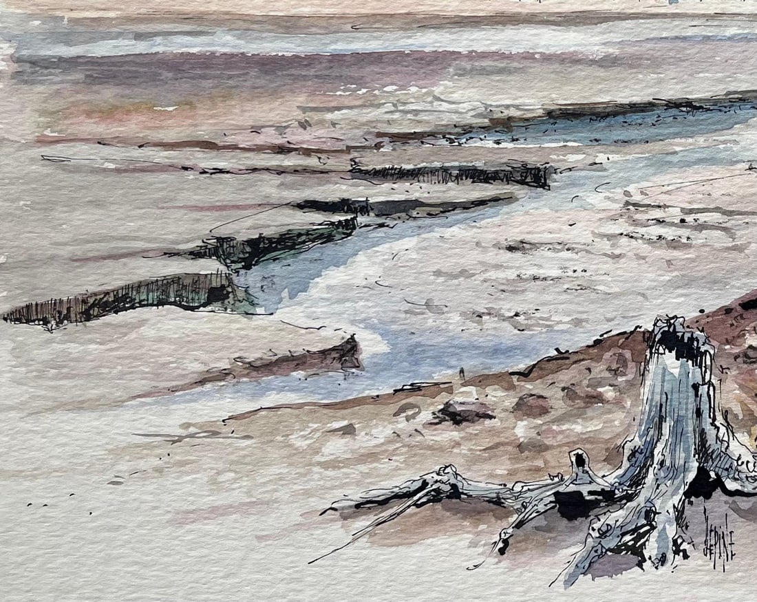 Robert Lepine (1929 - 2017); French Watercolor of a Sunlit Mont Saint-Michel at Low Tide, 20th - 3