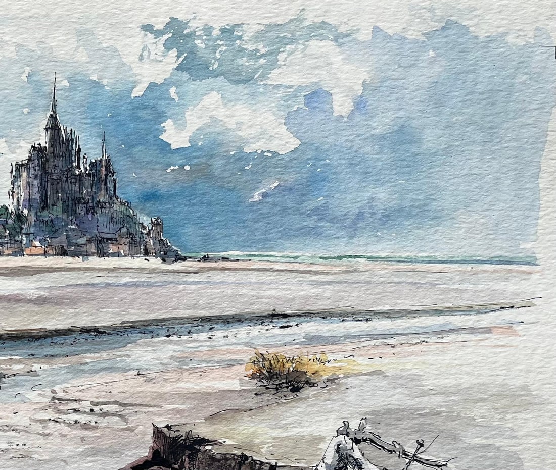 Robert Lepine (1929 - 2017); French Watercolor of a Sunlit Mont Saint-Michel at Low Tide, 20th - 4