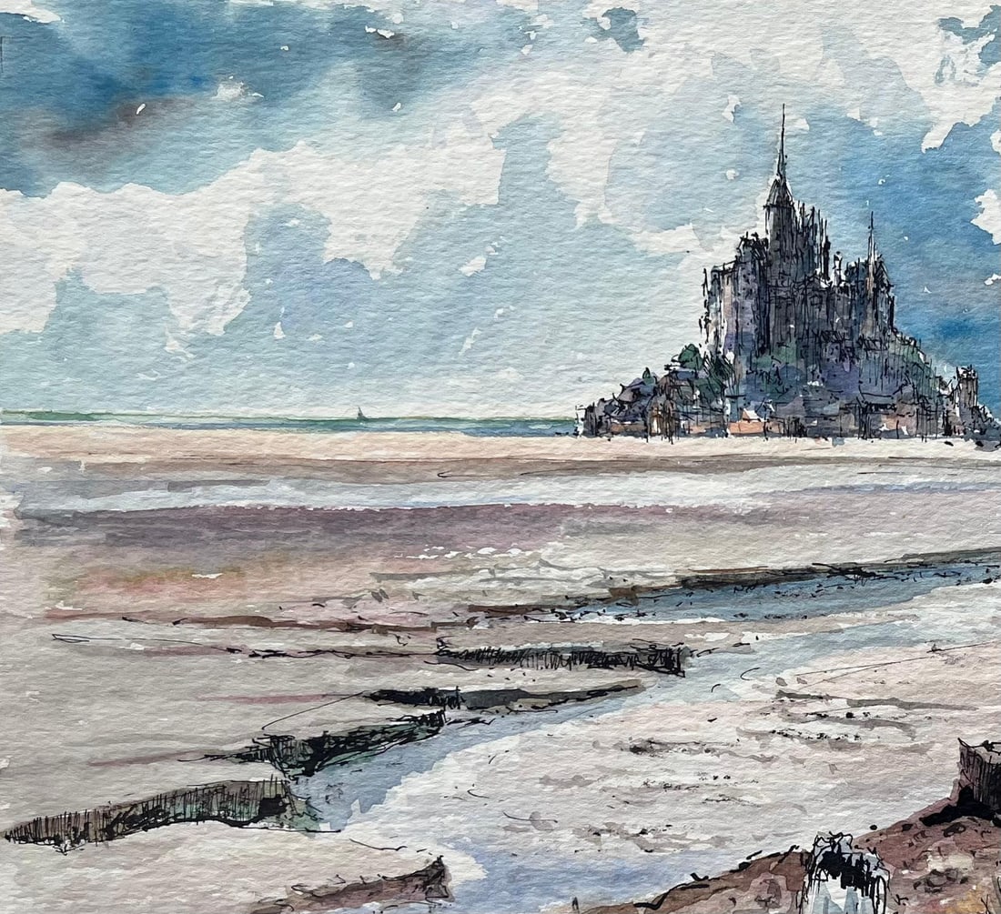 Robert Lepine (1929 - 2017); French Watercolor of a Sunlit Mont Saint-Michel at Low Tide, 20th - 9