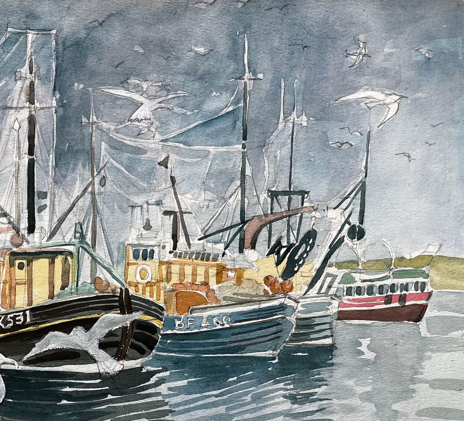 John Steane (b.1931); Fishing Boats Harbour Scene with Seagulls British Coastal Watercolour Painting - 7