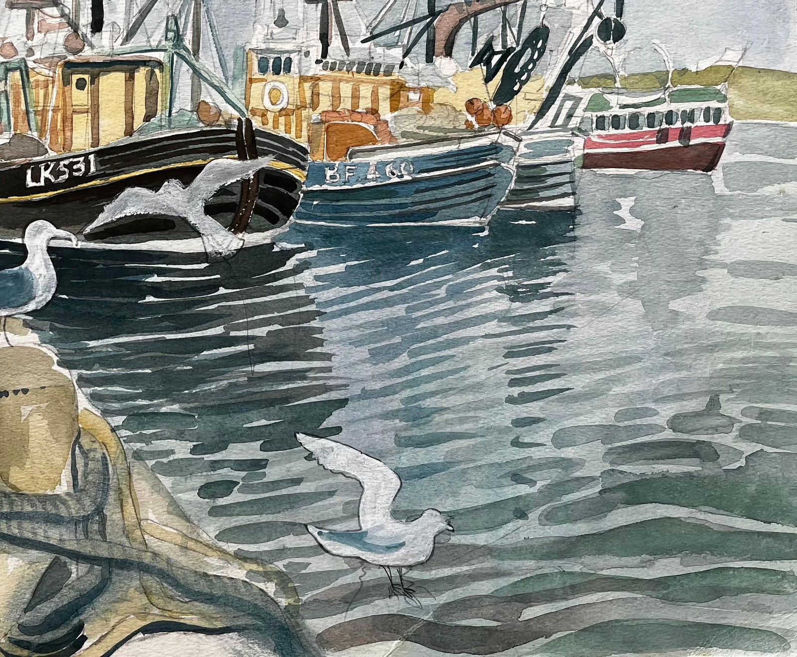 John Steane (b.1931); Fishing Boats Harbour Scene with Seagulls British Coastal Watercolour Painting - 9