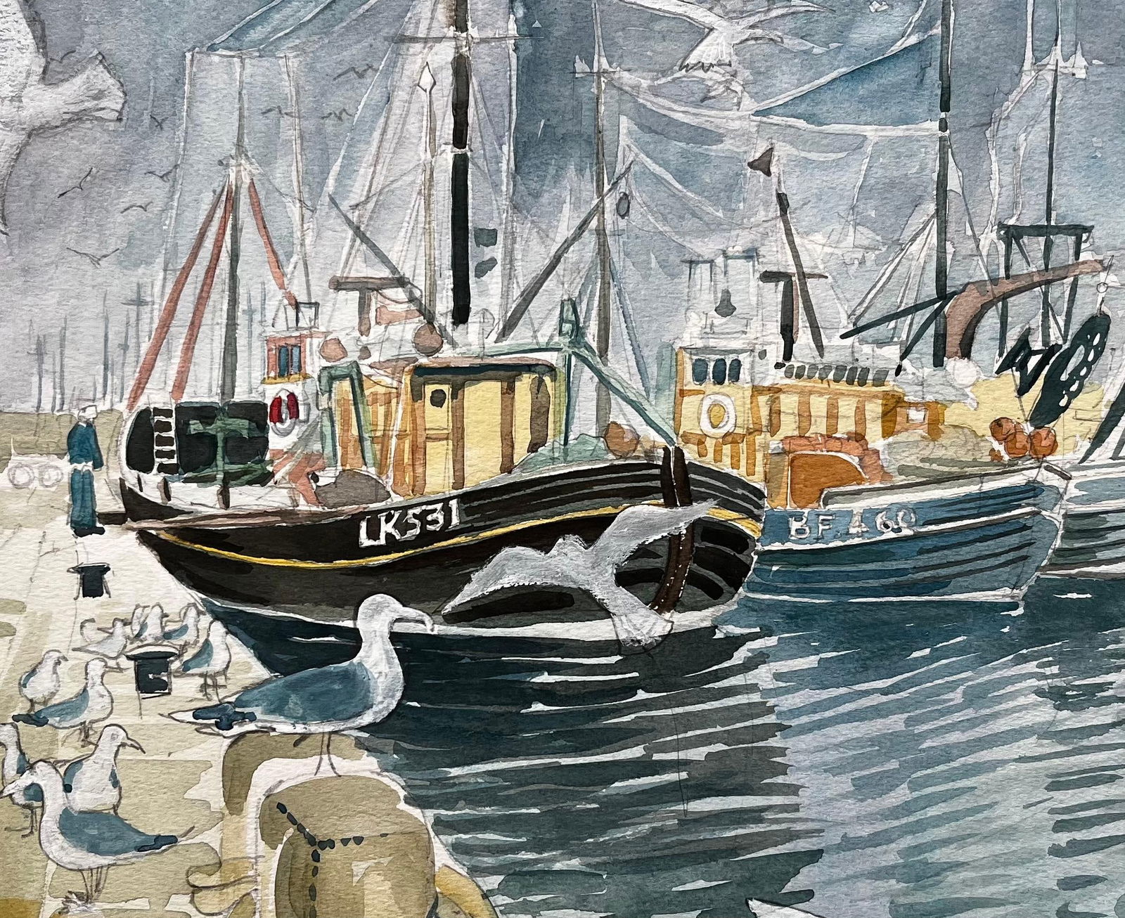 John Steane (b.1931); Fishing Boats Harbour Scene with Seagulls British Coastal Watercolour Painting - 10