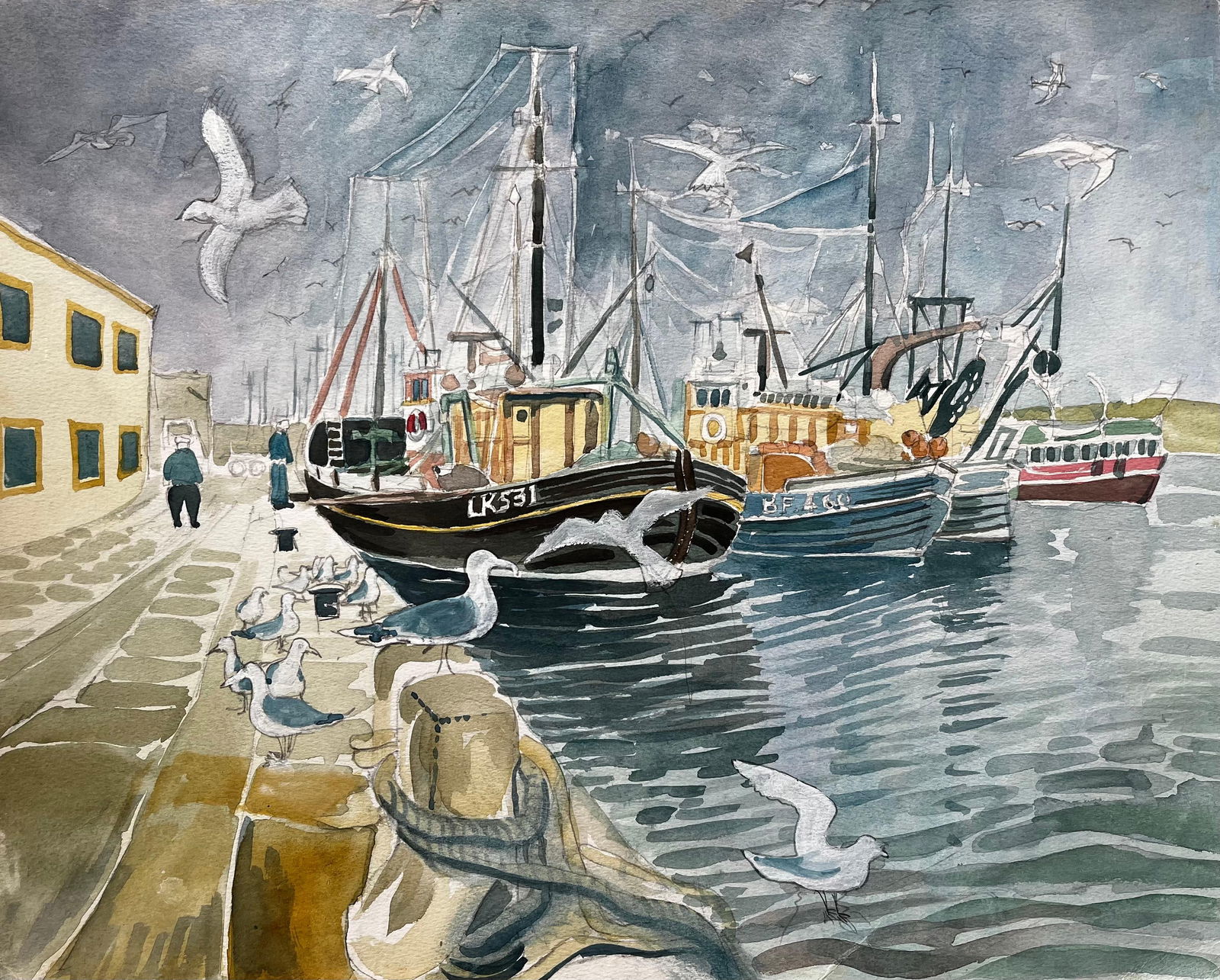 John Steane (b.1931); Fishing Boats Harbour Scene with Seagulls British Coastal Watercolour Painting (1 of 14)