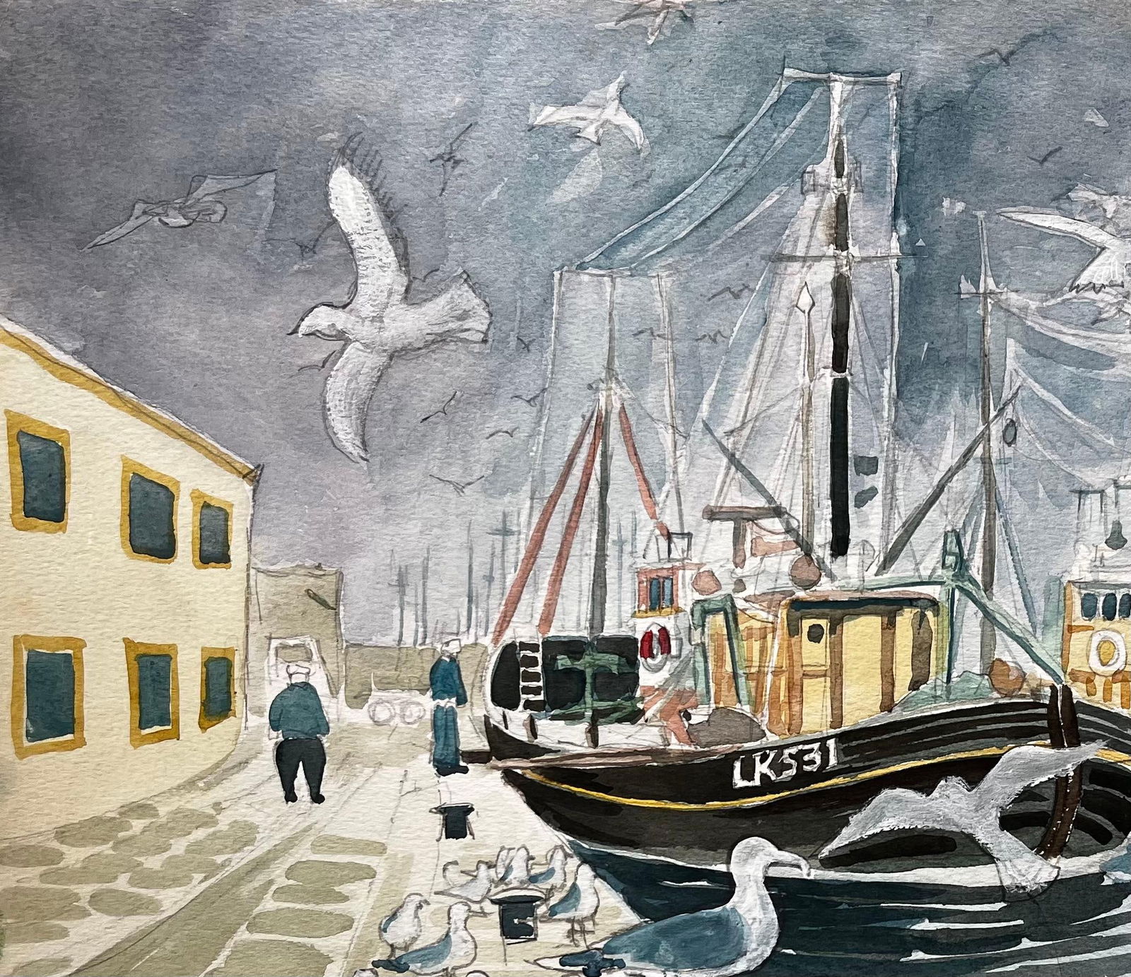 John Steane (b.1931); Fishing Boats Harbour Scene with Seagulls British Coastal Watercolour Painting - 14