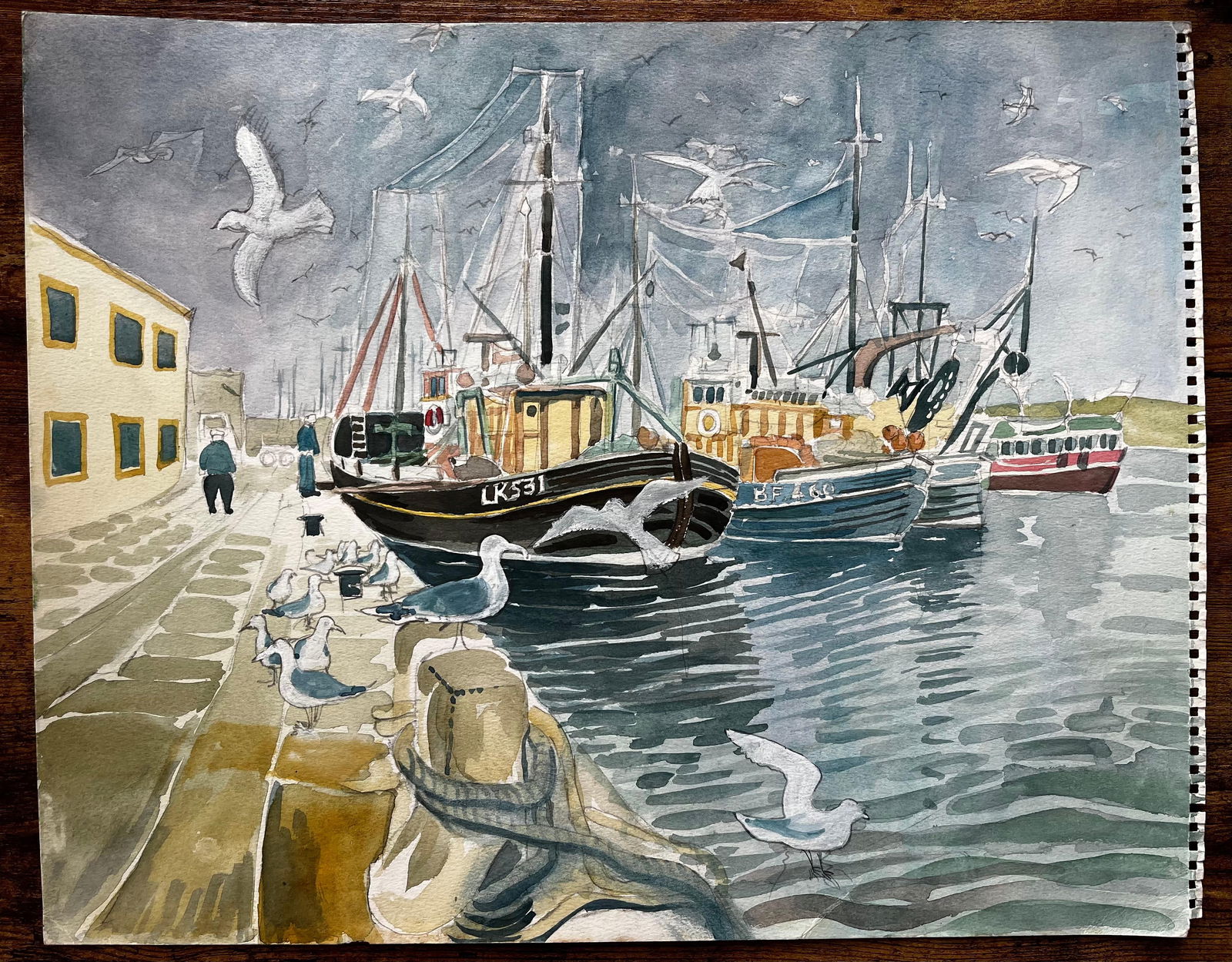 John Steane (b.1931); Fishing Boats Harbour Scene with Seagulls British Coastal Watercolour Painting - 5