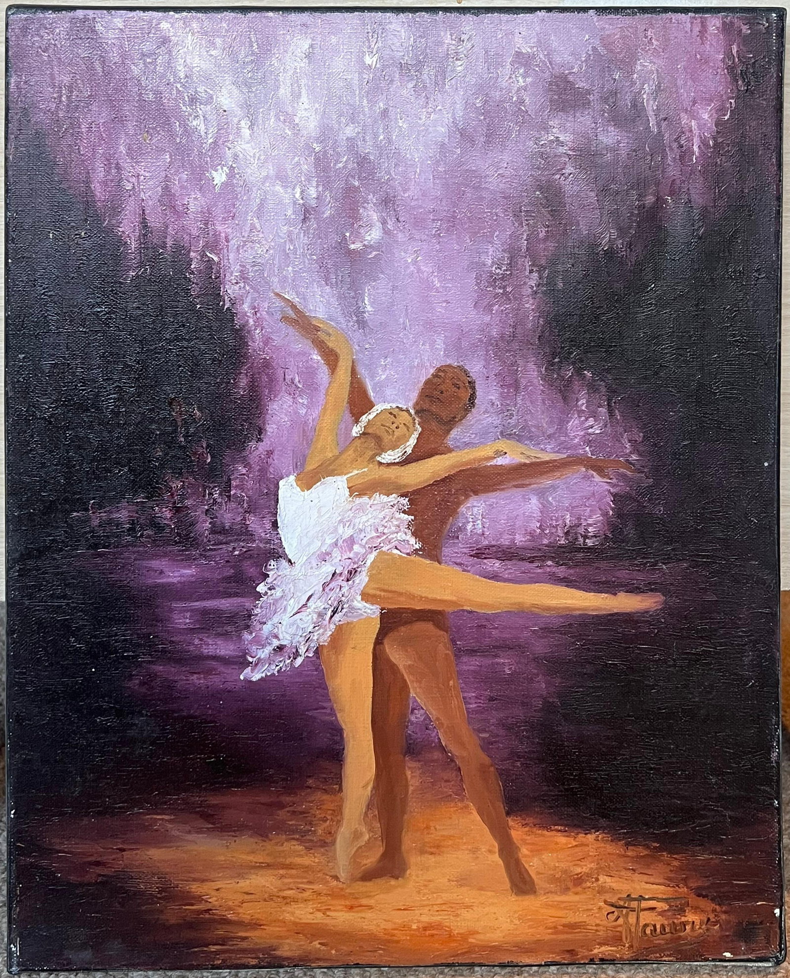 Annie Faure; 20th Century French Oil Swan Like Ballerina and Partner Dancing in Purple Haze - 8