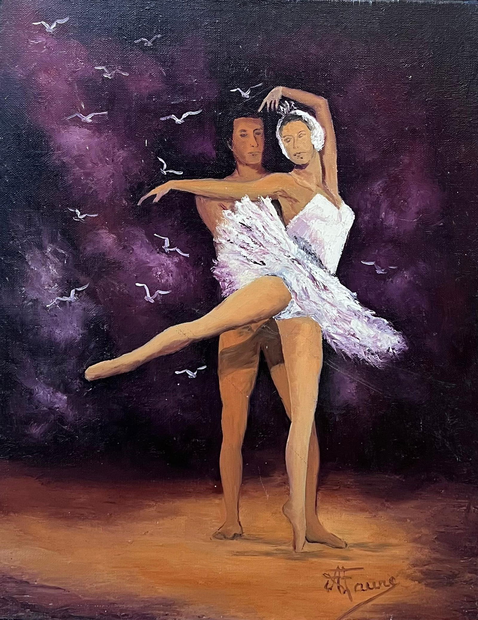 Annie Faure; 20th Century French Oil Swan Like Ballerina and Partner Dancing in Purple Haze - 4