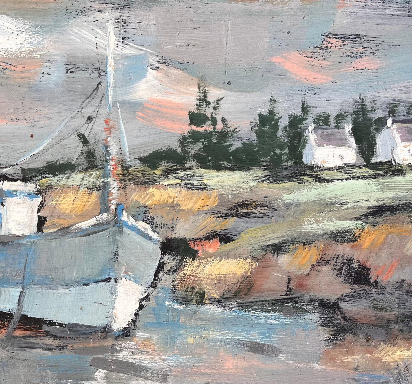 Fanch Lel; Impressionist Coastal Landscape with Blue Fishing Boat and White Cottages - 10