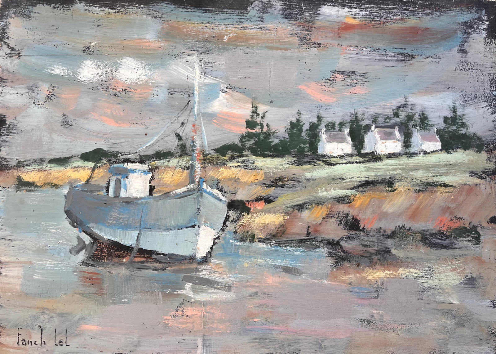 Fanch Lel; Impressionist Coastal Landscape with Blue Fishing Boat and White Cottages - 12