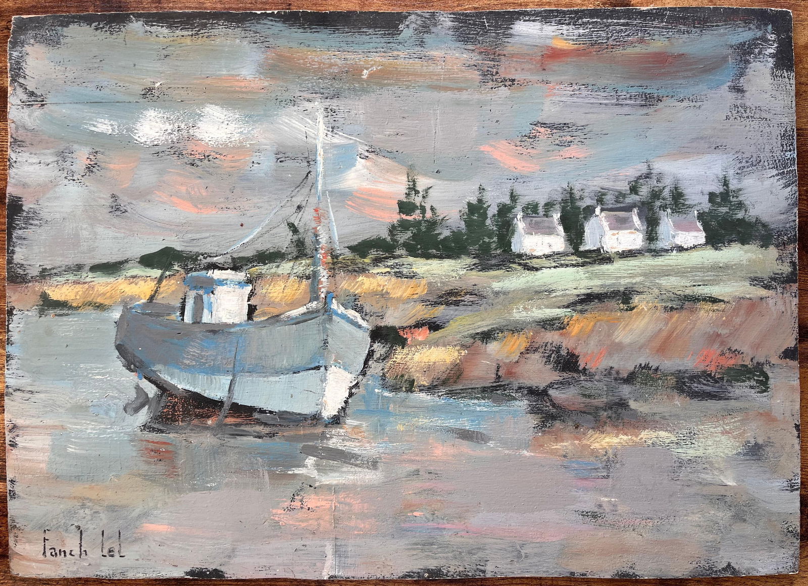 Fanch Lel; Impressionist Coastal Landscape with Blue Fishing Boat and White Cottages - 5