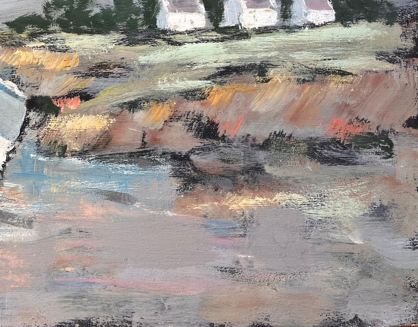 Fanch Lel; Impressionist Coastal Landscape with Blue Fishing Boat and White Cottages - 6