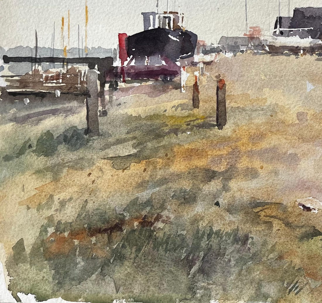 Anthony Herbert; Coastal Boatyard with Fishing Huts Beached Boats and Red Flag Watercolour Scene - 9