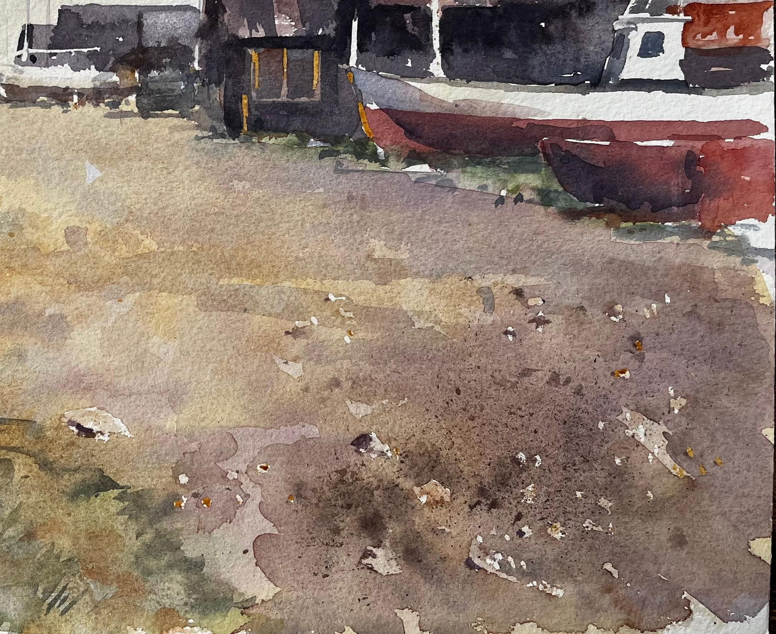 Anthony Herbert; Coastal Boatyard with Fishing Huts Beached Boats and Red Flag Watercolour Scene - 2