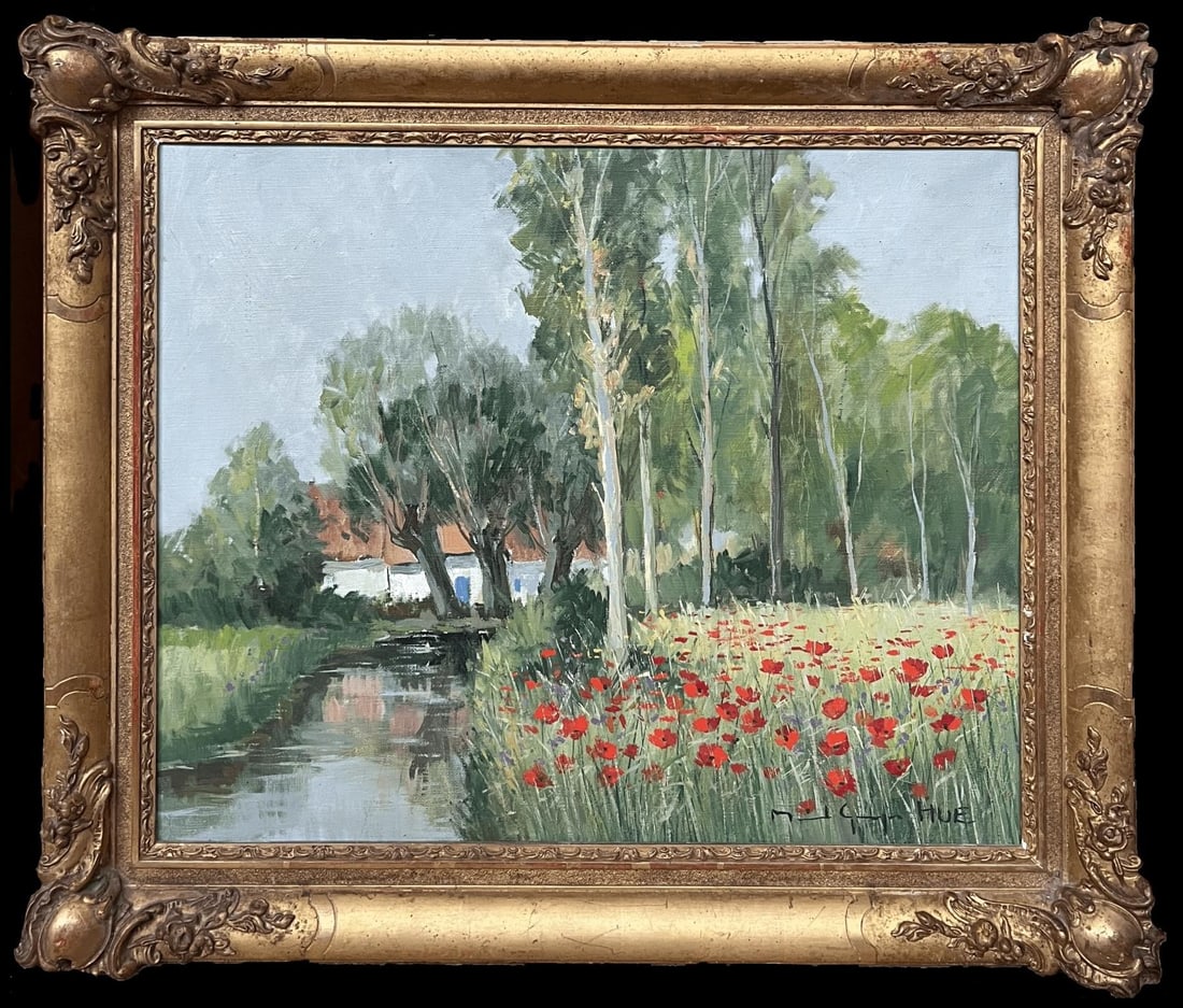 French impressionist; Signed French Impressionist Vintage Oil Painting Poppy Fields by Tranquil - 4