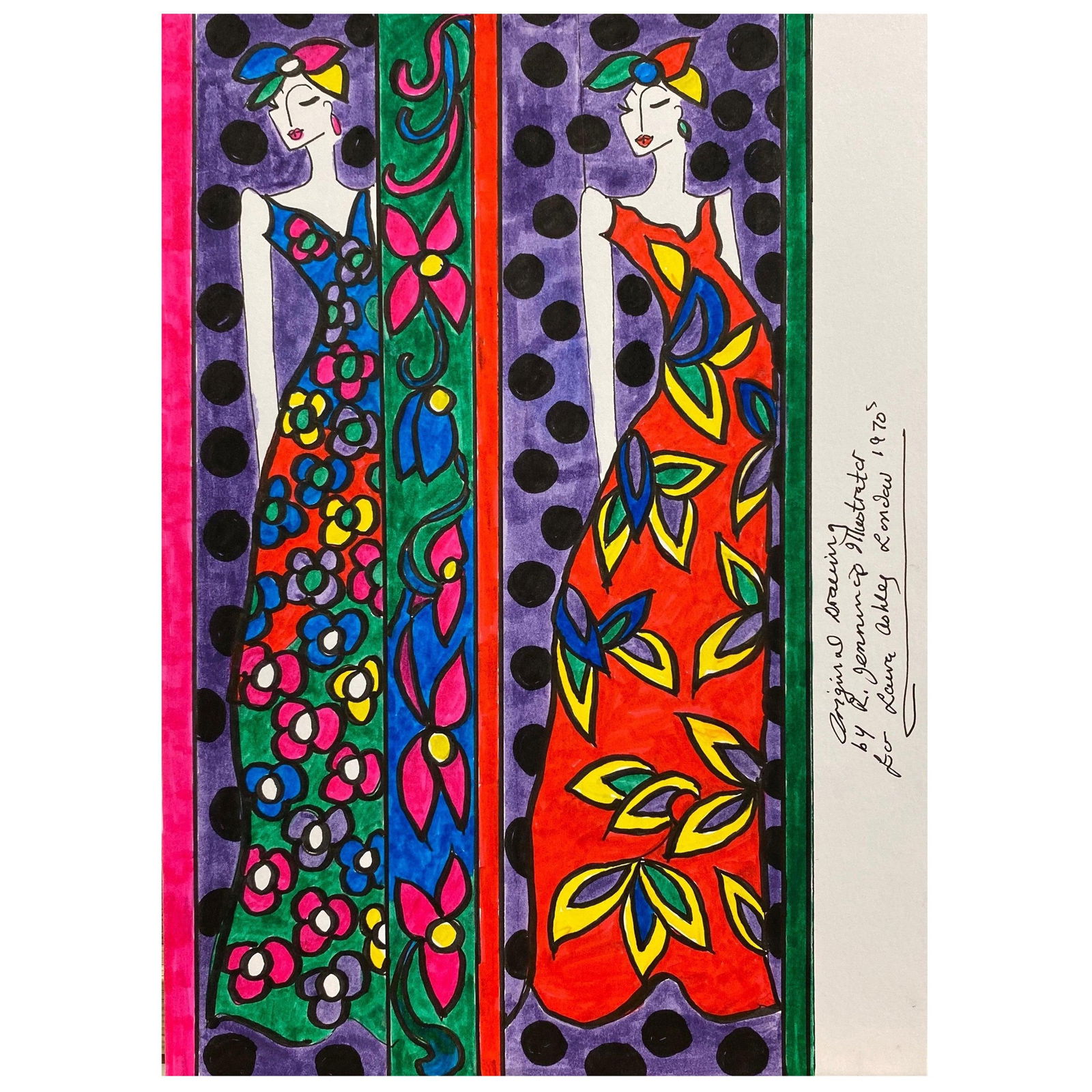 Original Fashion Design Illustration Watercolor Painting Laura Ashley Designer, circa 2000s: Title: Original Fashion Design Illustration Watercolor Painting Laura Ashley Designer, circa 2000s Description: Original Fashion Design Illustration by Roz Jennings, British watercolor and ink on card