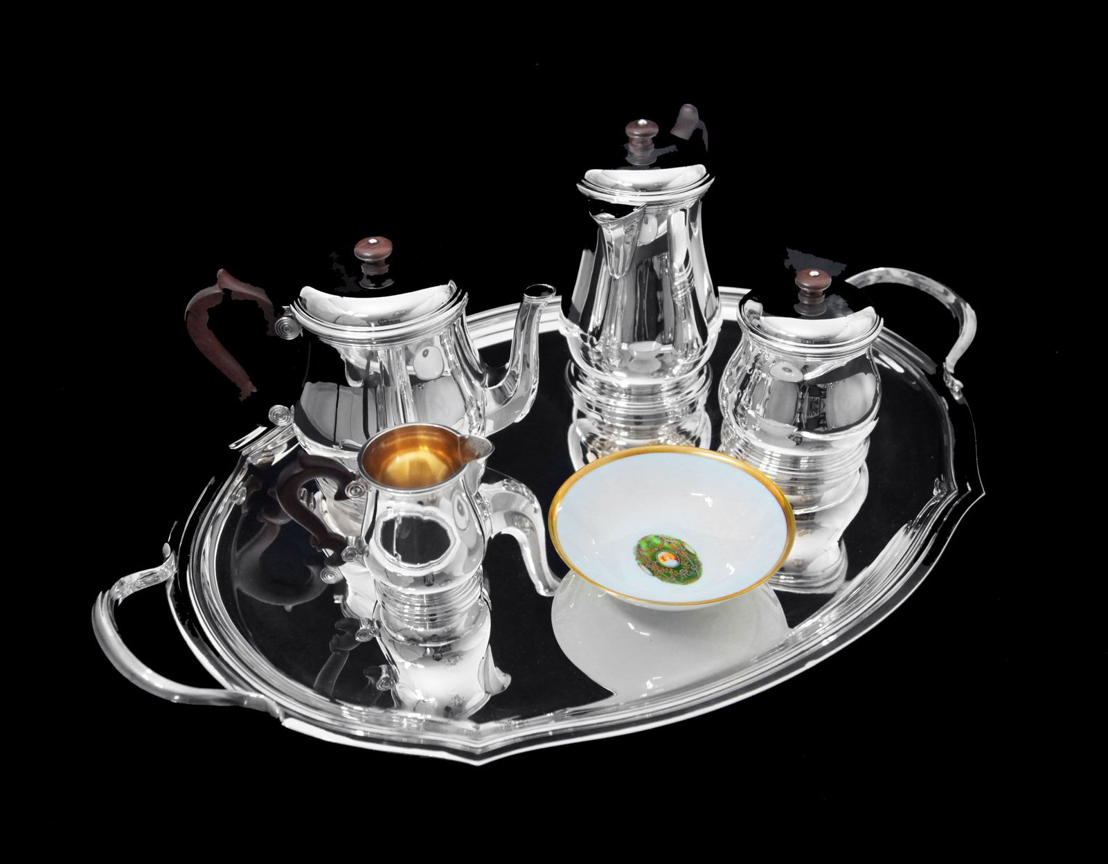 PUIFORCAT (HERMES) CHRISTOFLE - 5pc. 950 STERLING SILVER TEA SET + 4 FABERGE IMPERIAL EGG EXPRESSO - 2