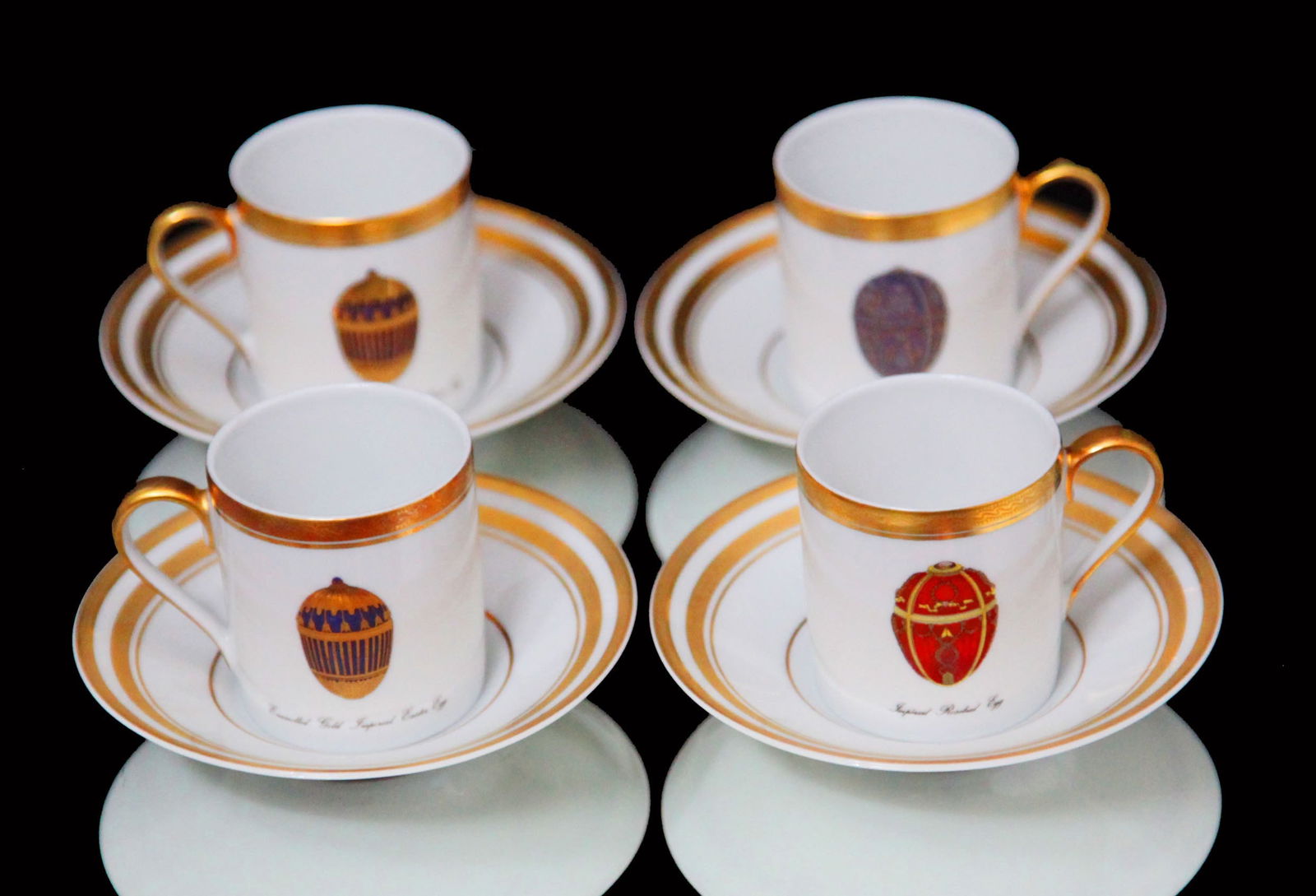 PUIFORCAT (HERMES) CHRISTOFLE - 5pc. 950 STERLING SILVER TEA SET + 4 FABERGE IMPERIAL EGG EXPRESSO - 4