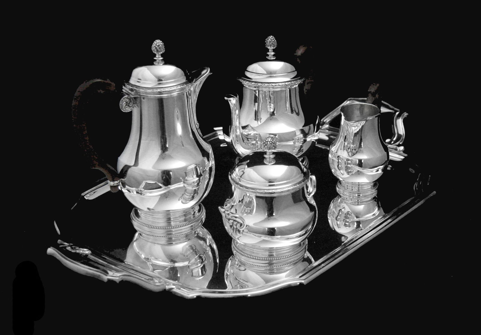 PUIFORCAT / HERMES ANTIQUE 5pc. 950 STERLING SILVER TEA SET + TRAY, 1850-1899: Title: PUIFORCAT / HERMES ANTIQUE 5pc. 950 STERLING SILVER TEA SET + TRAY, 1850-1899 Description:Direct from Paris, A Magnificent 5pc. 19th Century Original French 950 Sterling Silver Tea & Coffee Set
