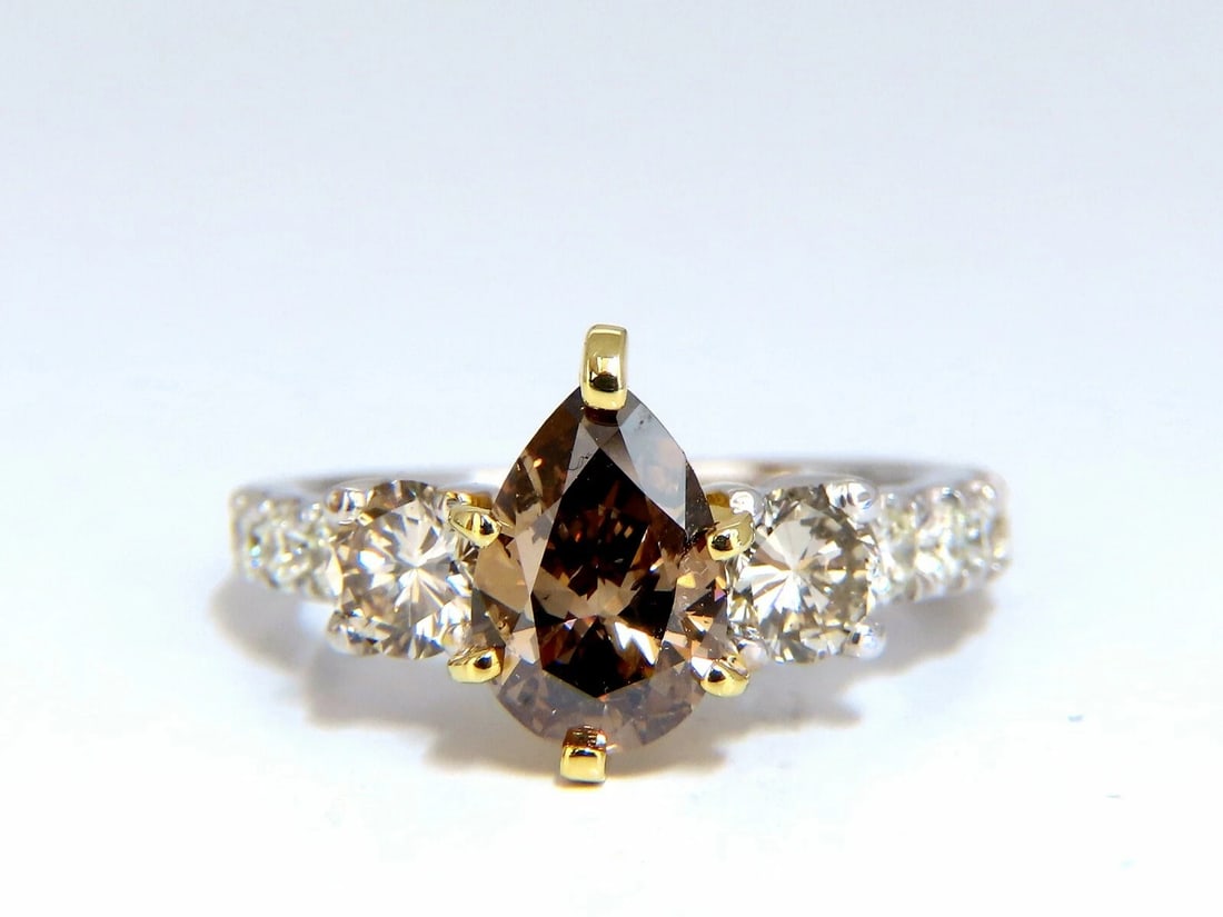 1.50ct Natural Fancy Brown & 1.30ct Diamonds Mod Three Ring 14 Karat - 2