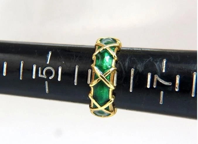 Vintage 18 Karat Gold Eternity X Green Enamel Ring 45441** - 4