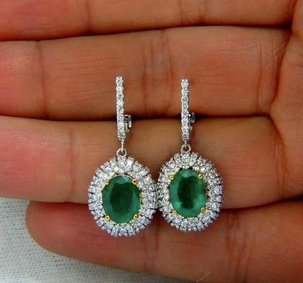 4.84ct Natural Vibrant Green Emerald Diamond Cluster Earrings Dangle 14K 14542** - 2