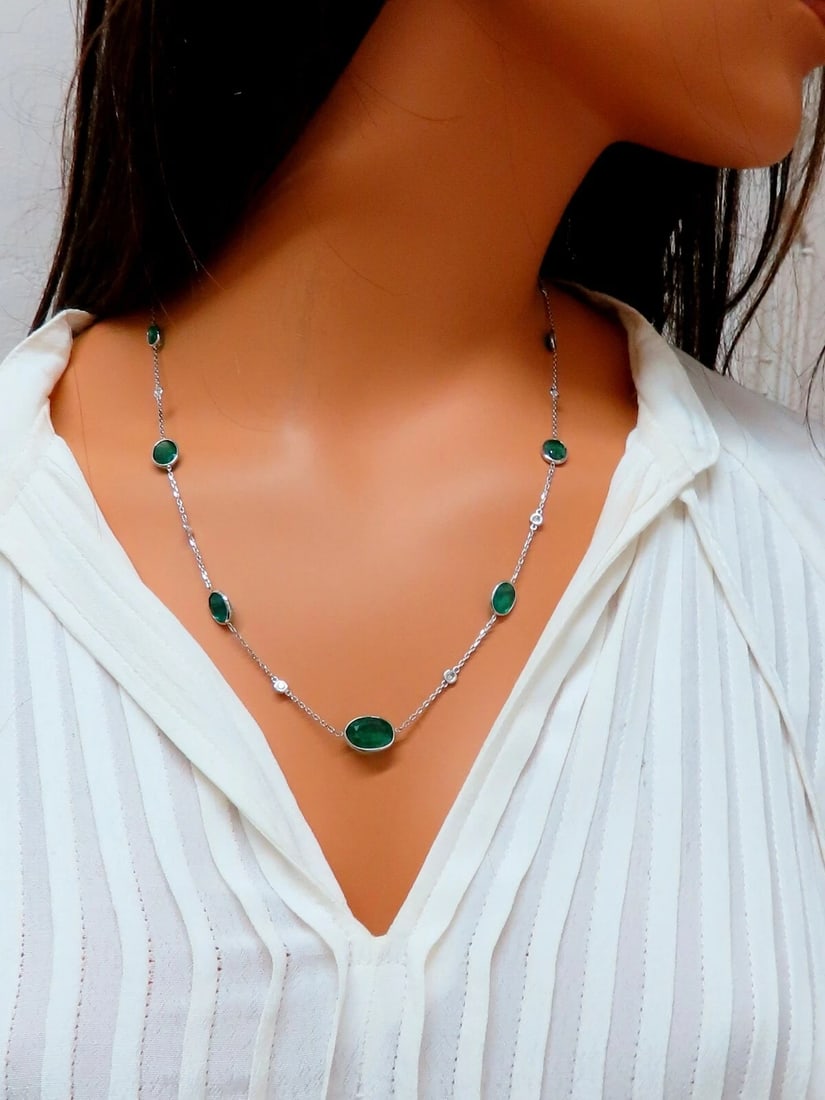 12.88ct. Natural Emeralds Diamonds Yard Necklace 14kt ** - 10