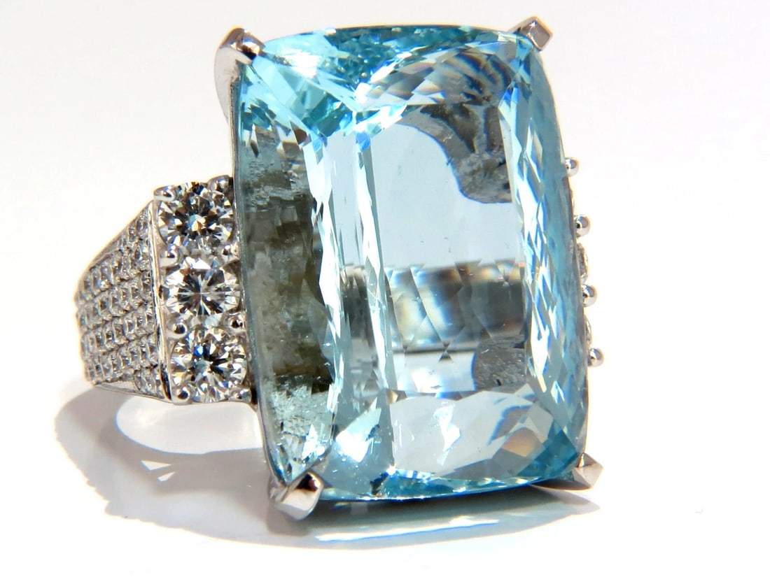 GIA 39.10ct NATURAL CUSHION CUT AQUAMARINE DIAMONDS RING 14kt VIVID AQUA+ - 2