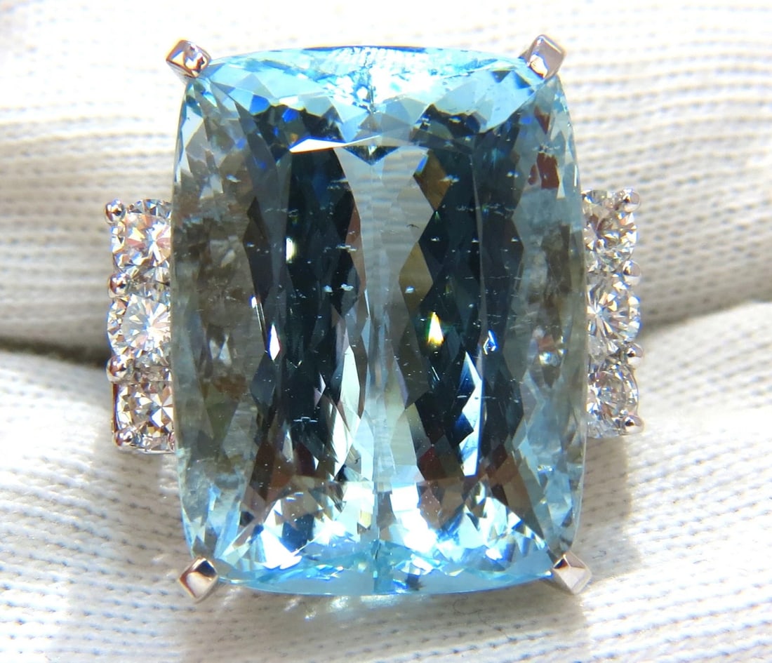GIA 39.10ct NATURAL CUSHION CUT AQUAMARINE DIAMONDS RING 14kt VIVID AQUA+ - 9