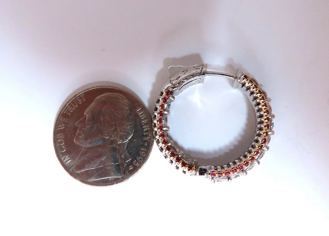 4.24ct natural red ruby diamond hoop earrings 14kt gold three row Intricate** - 6