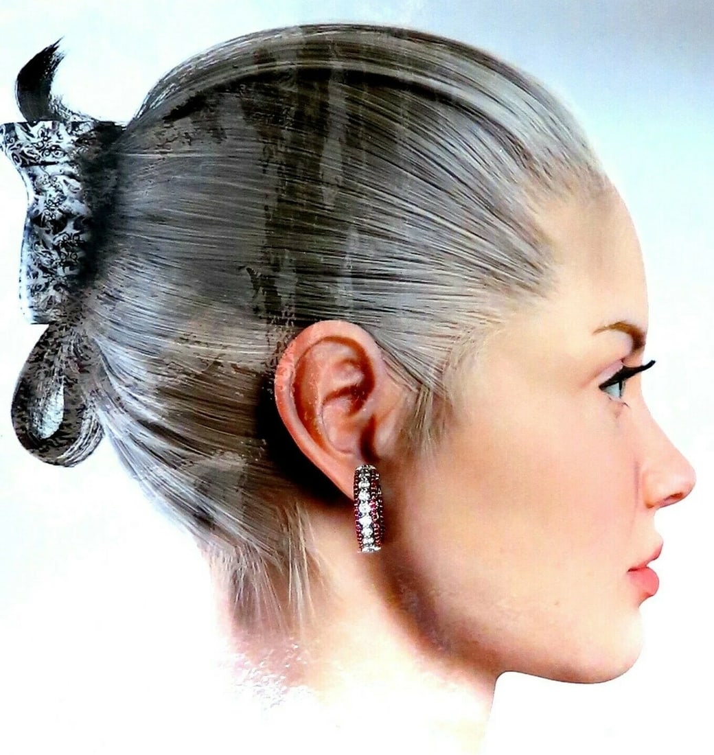 4.24ct natural red ruby diamond hoop earrings 14kt gold three row Intricate** - 7