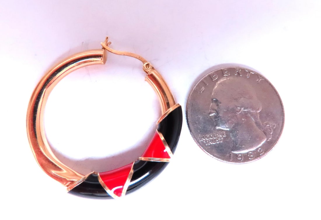 Red Black Enamel Tubular Hoop Earrings 14kt yellow gold 45477** - 2