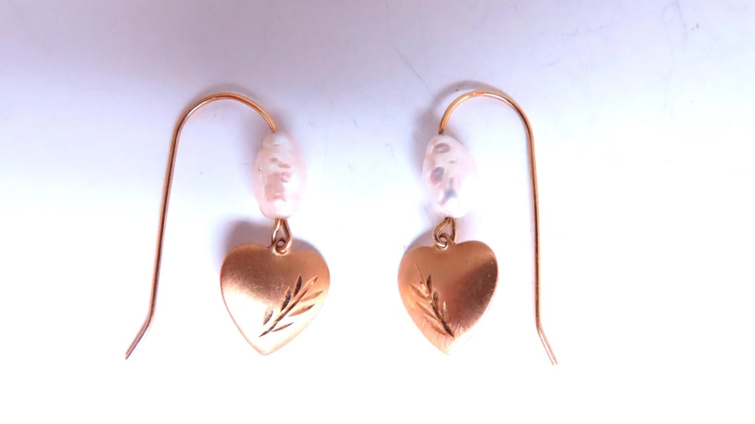 Rice Pearl And Heart Dangle Wire Earrings 14kt Gold Intricate 12604** - 2