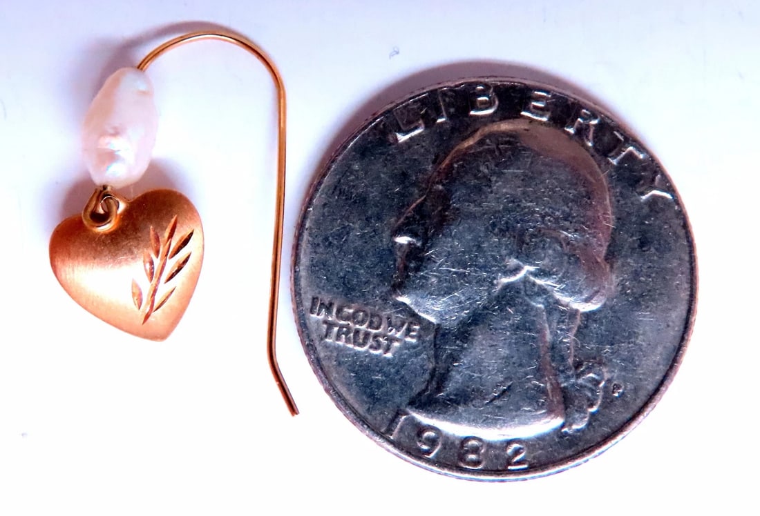 Rice Pearl And Heart Dangle Wire Earrings 14kt Gold Intricate 12604** - 4