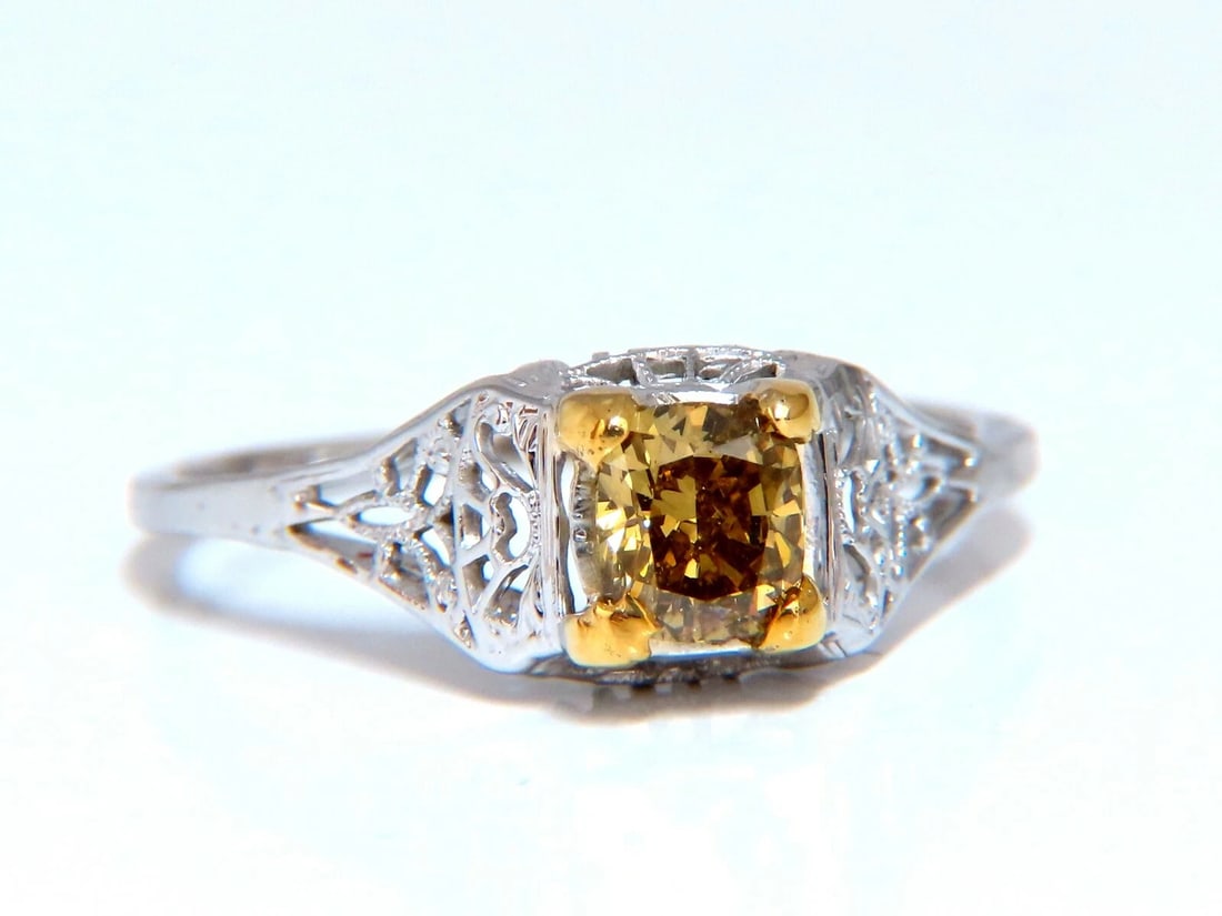 .60ct Natural Yellow Green Brown Diamond Vintage Gilt Ring Platinum - 9