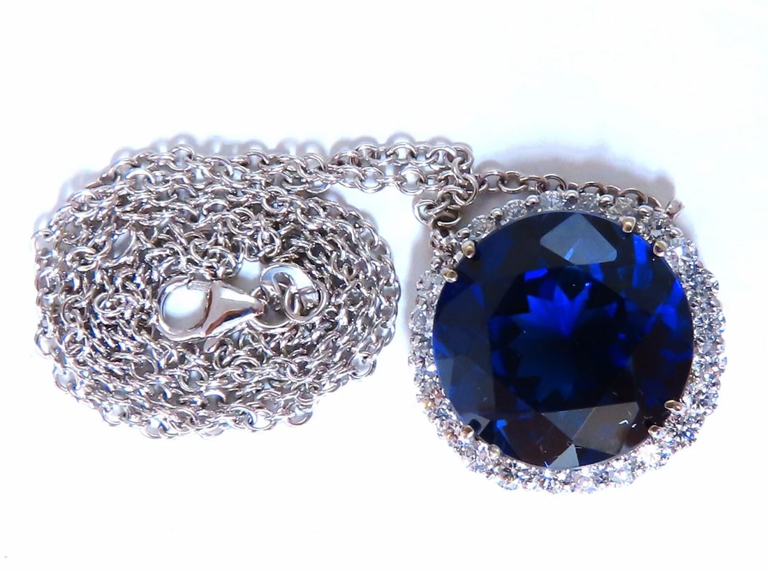 20.09ct Lab Round Blue Sapphire Diamonds pendant 14kt ** - 5