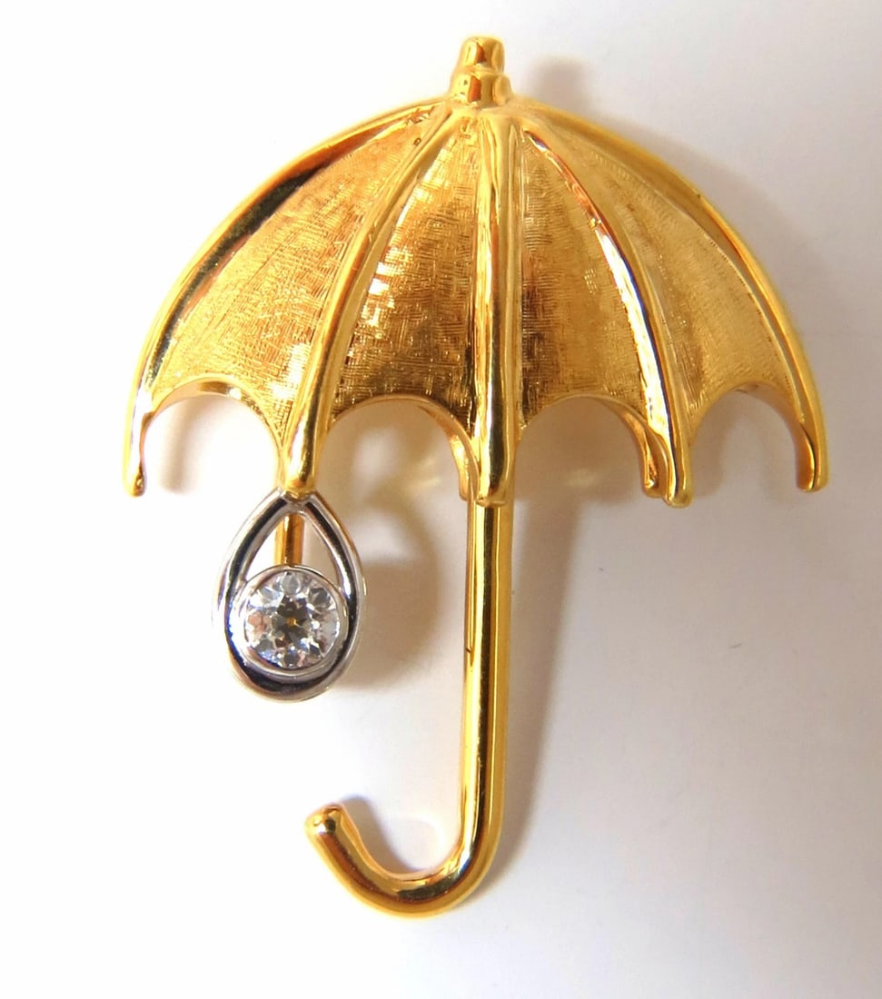 .50ct Diamond Umbrella brooch pin 14kt & Rain Drop**: Title: .50ct Diamond Umbrella brooch pin 14kt & Rain Drop** Description: 3D Umbrella Raindrop Diamond Pin Handmade .50ct natural diamonds. Round, Full cut Brilliant. G-color VS-2 clarity. 14t yellow g