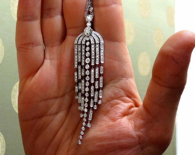Diamonds Dangling Chandelier 3.50ct Pendant Station Necklace 18kt Ref 12318** - 4